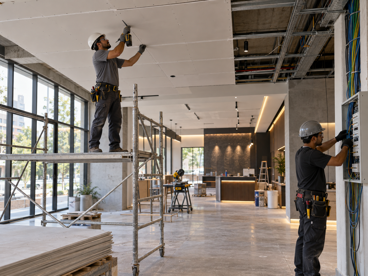 Profissionais trabalhando em drywall e instalação elétrica