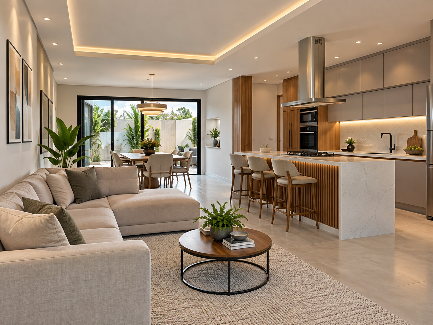 Sala e cozinha contemporâneas após reforma completa